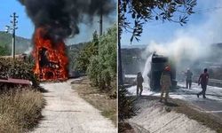 Hafriyat yüklü kamyon seyir halindeyken çıkan yangında küle döndü