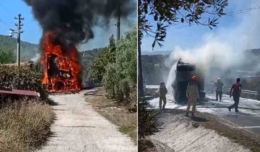 Hafriyat yüklü kamyon seyir halindeyken çıkan yangında küle döndü