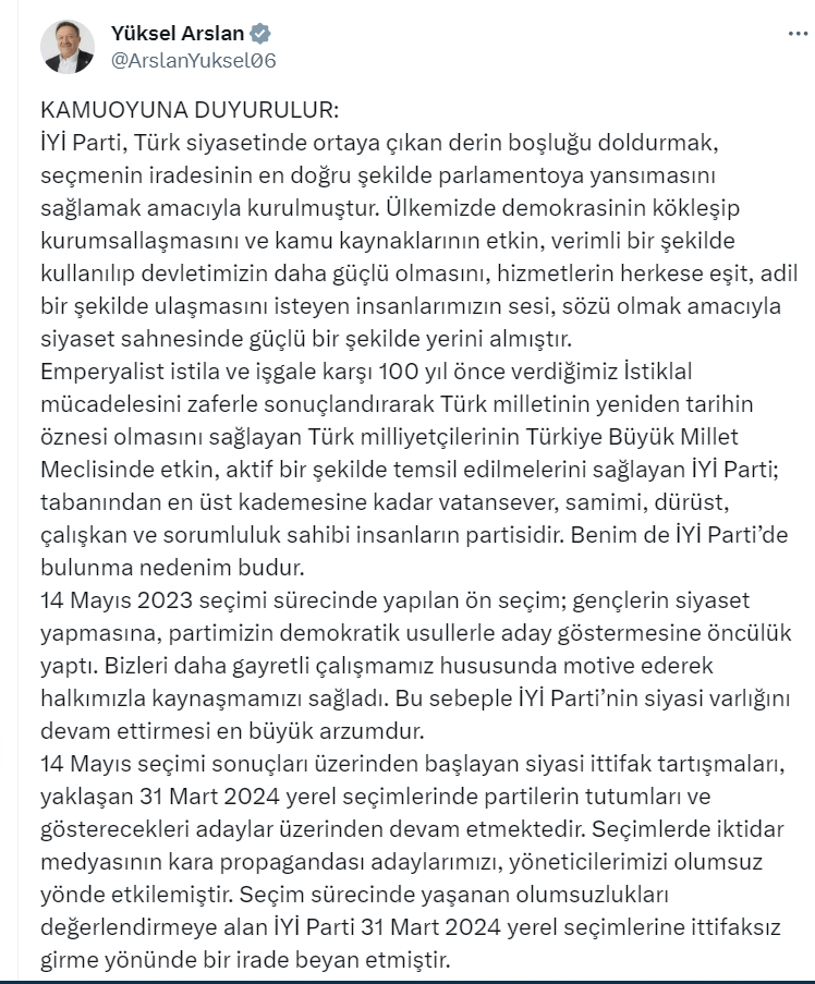 İYİ PARTİ ANKARA MİLLETVEKİLİ ARSLAN, PARTİSİNDEN İSTİFA ETTİ