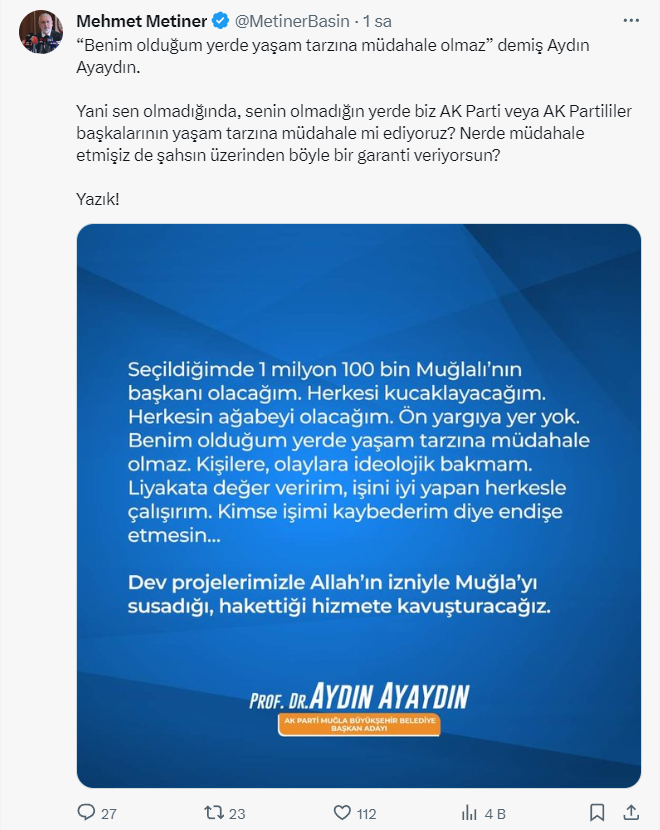 AK PARTİ’Lİ METİNER’DEN AYAYDIN'IN PAYLAŞIMINA ELEŞTİRİ: YAZIK!