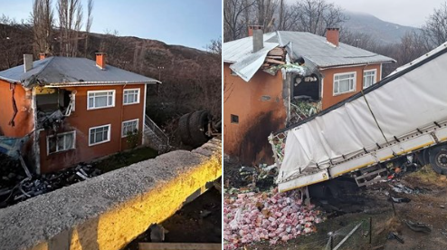 İKİ KATLI EVİN ÜST KATINA ÖNCE KAMYON ŞİMDİ DE TIR UÇTU