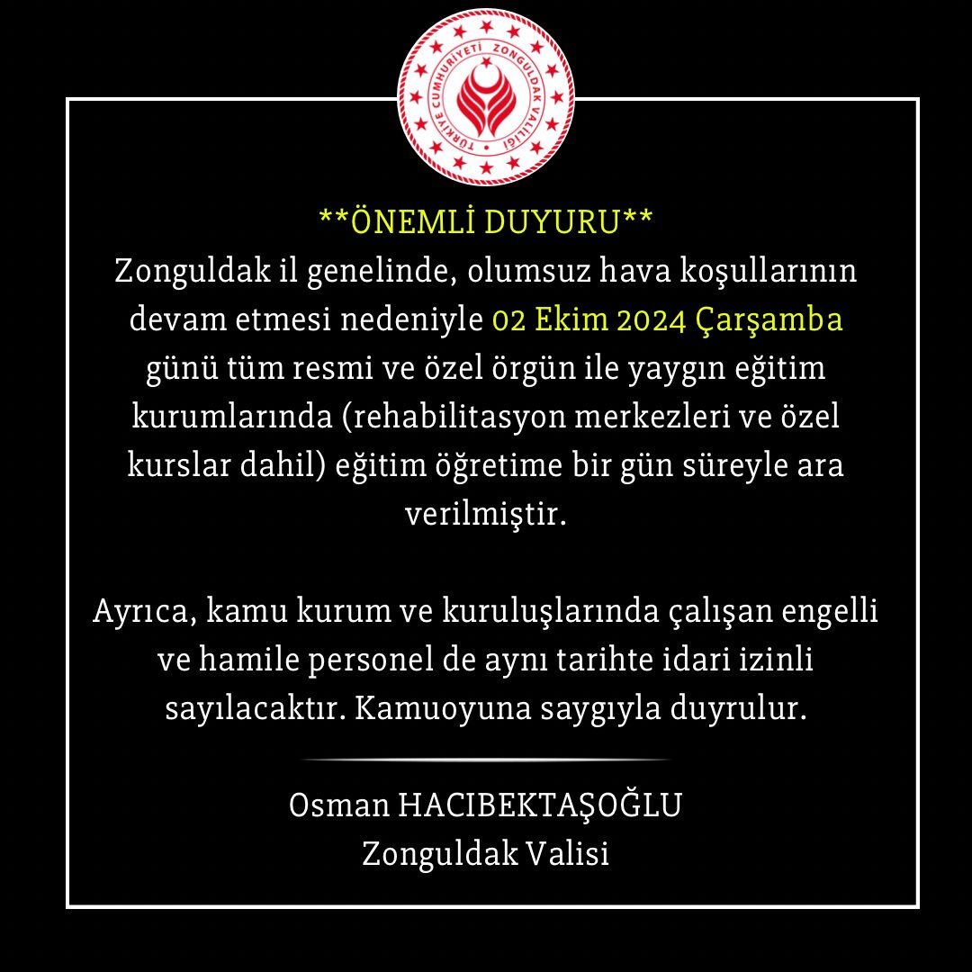 Zonguldak Bartın 2 Ekim okullar tatil mi? Son dakika Zonguldak ve Bartın Valiliği tatil açıklaması