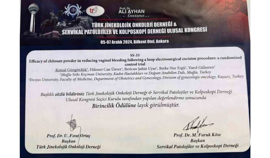 Muğla EAH doktorlarına, Ulusal Kongrede Sözel Bildiri birincilik ödülü
